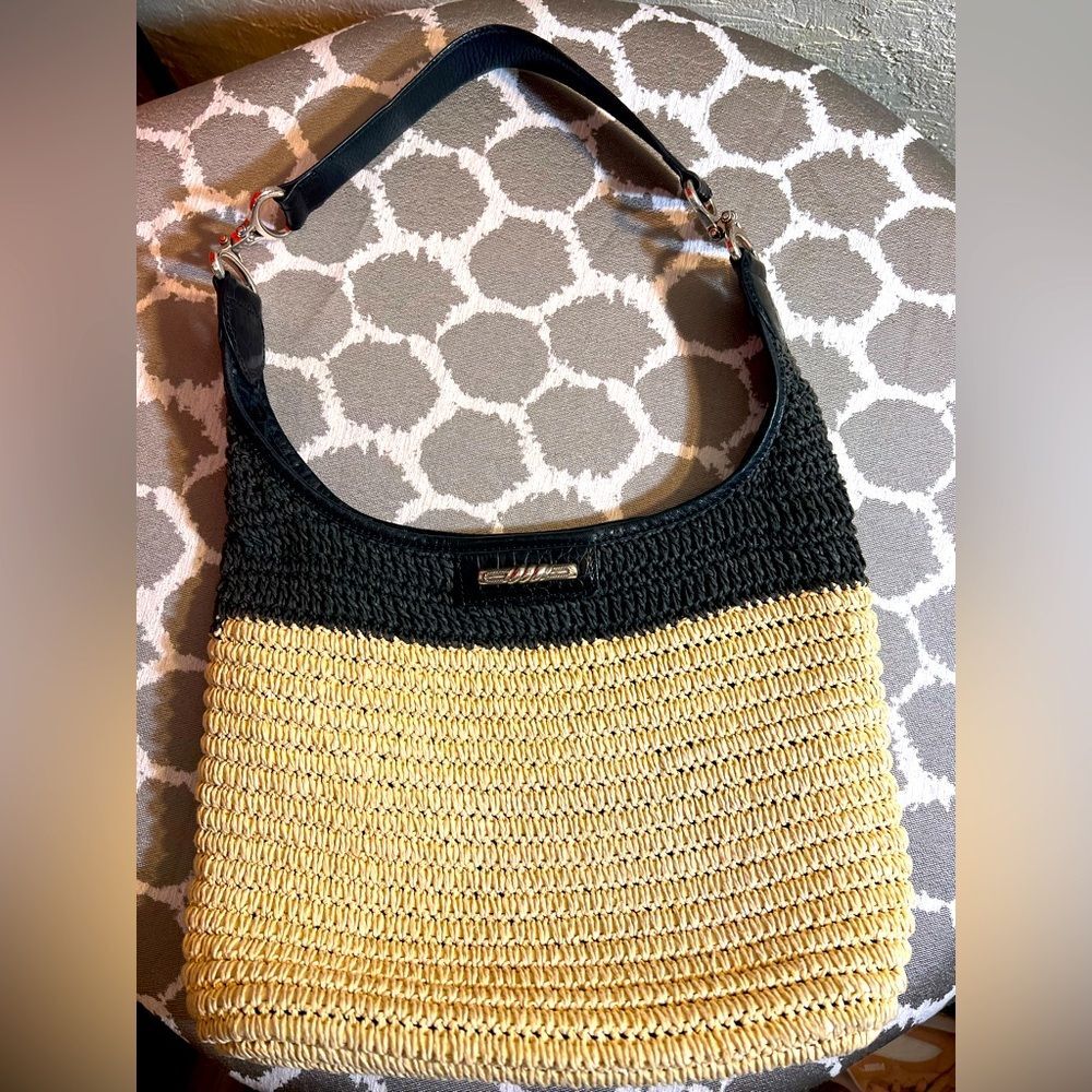 Brighton Black and Natural Tan Woven Women’s Bag black and silver accents spring